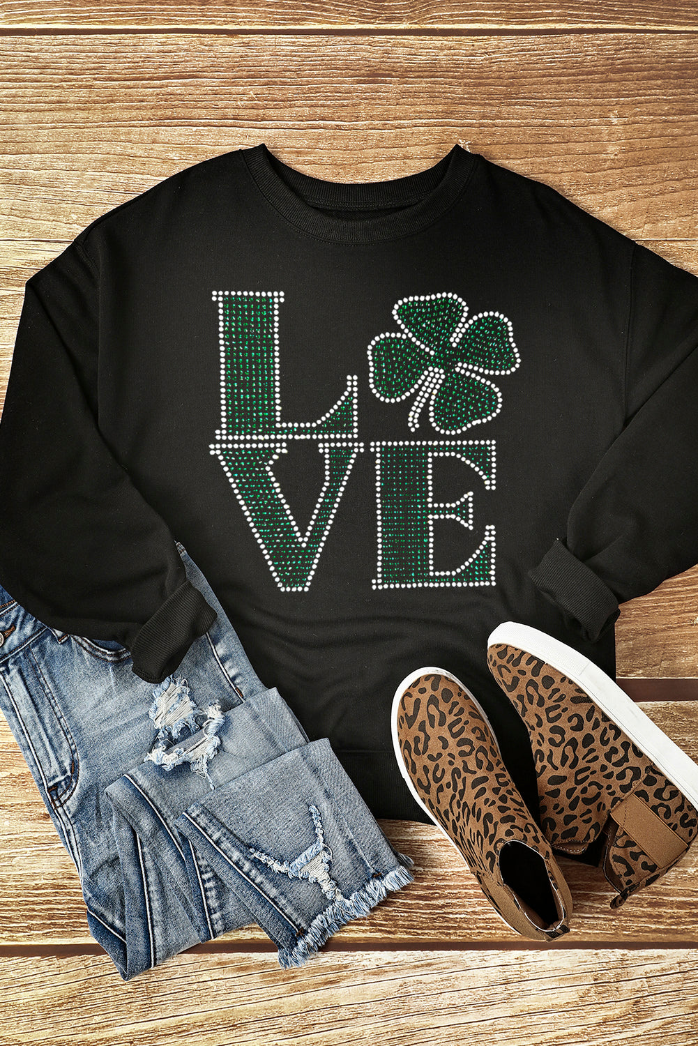 Black Rhinestone LOVE Clover Graphic St Patricks Pullover Sweatshirt Graphic Sweatshirts JT's Designer Fashion