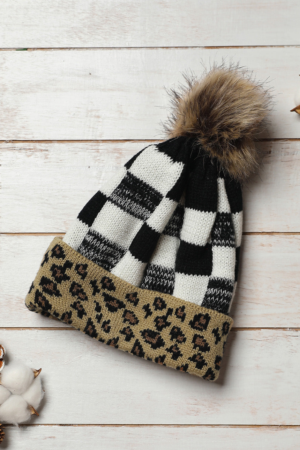 Black Plaid Leopard Patchwork Pom Knit Beanie Hat Hats & Caps JT's Designer Fashion