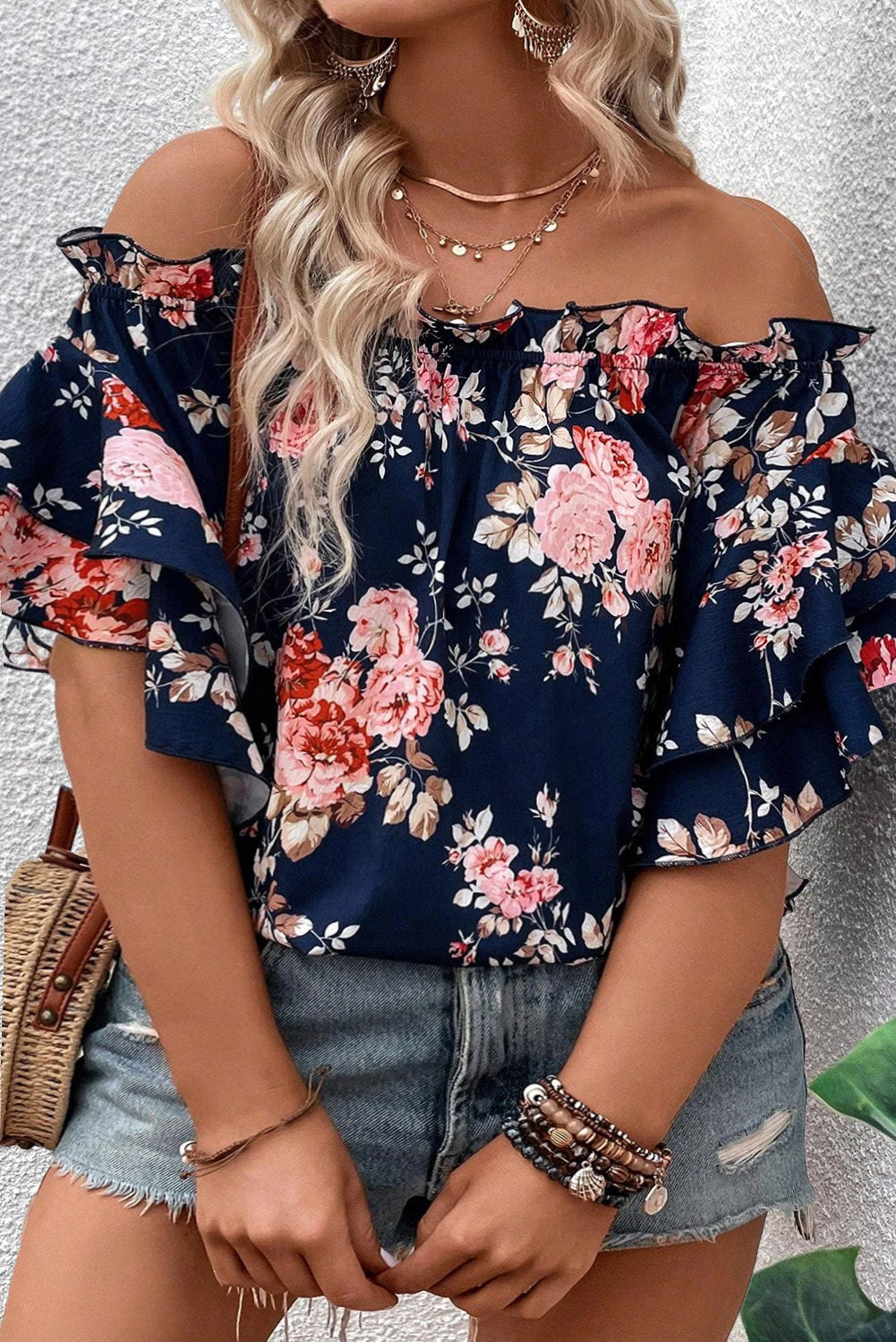 Black Plus Size Floral Off Shoulder Ruffle Sleeve Blouse Plus Size JT's Designer Fashion