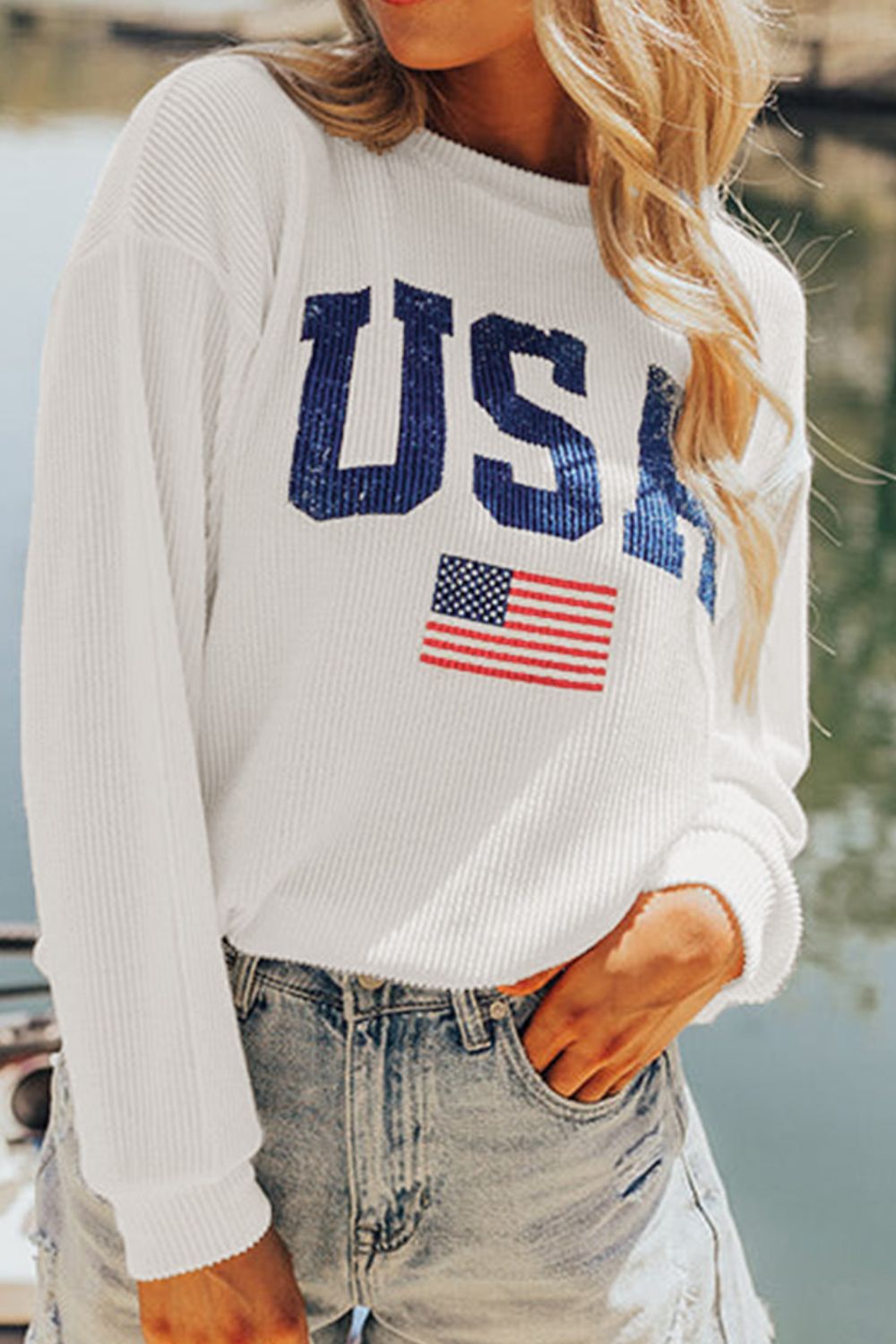 US Flag Corded Long Sleeve Sweatshirt White Long Sleeve Tops JT's Designer Fashion