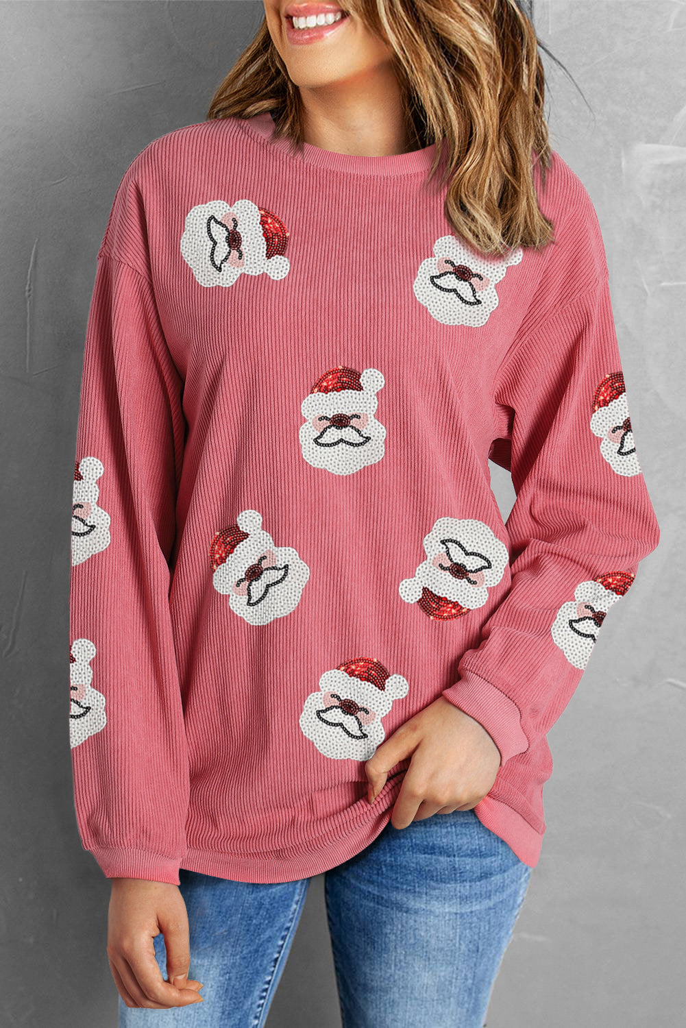 Strawberry Pink Sequin Santa Clause Christmas Corded Sweatshirt Graphic Sweatshirts JT's Designer Fashion