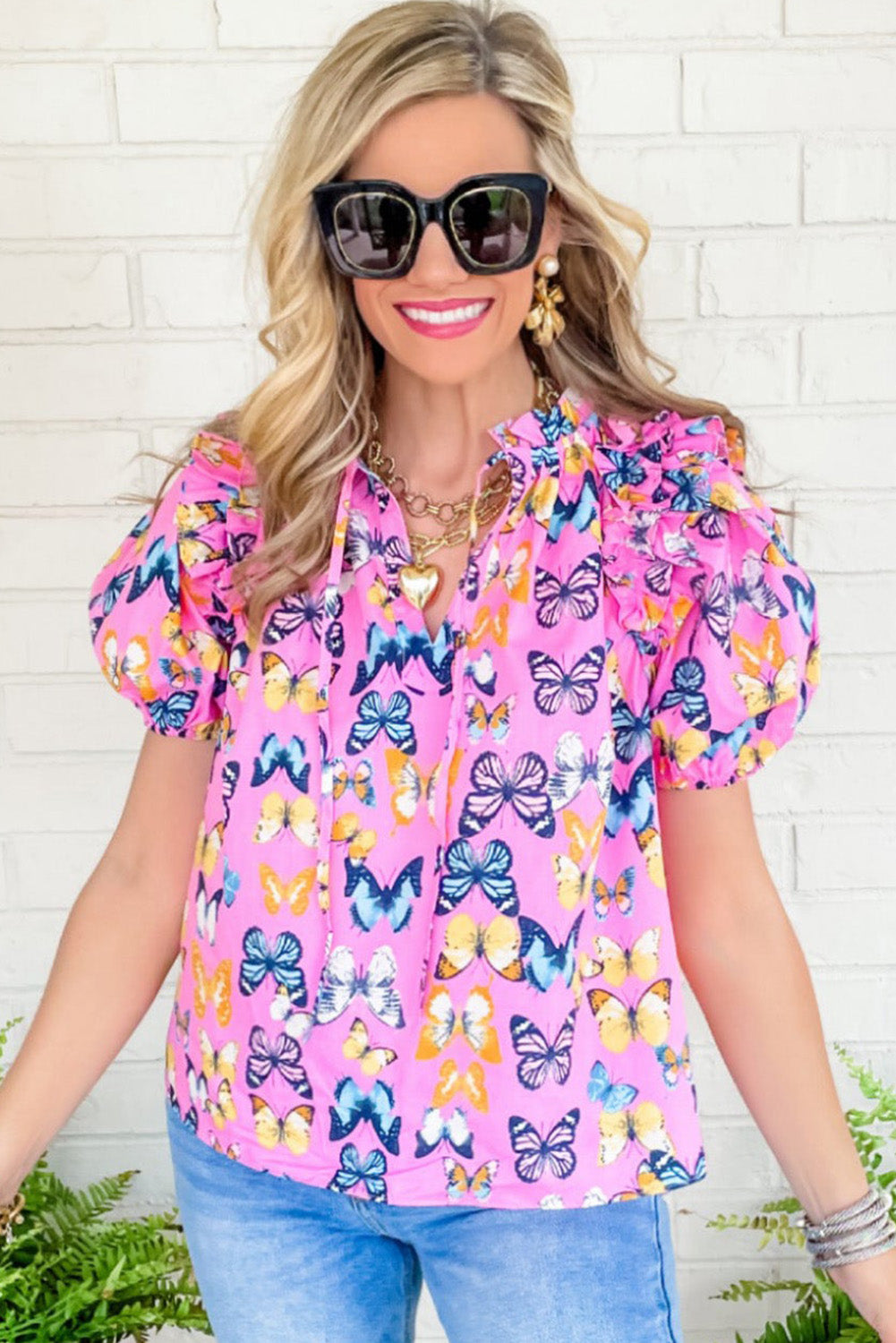 Pink Butterfly Print Puff Short Sleeve Blouse Tops & Tees JT's Designer Fashion