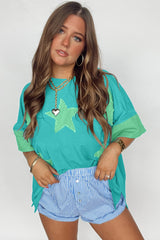 Aruba Blue Frayed Denim Star Patched Oversize T Shirt Pre Order Tops JT's Designer Fashion