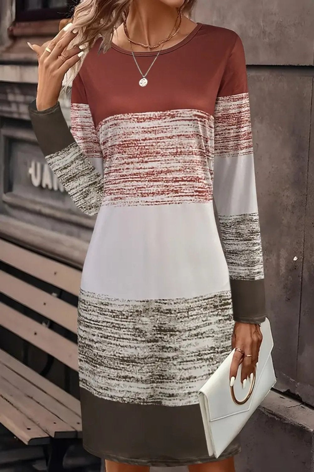 Color Block Round Neck Long Sleeve Dress Brown Midi Dresses JT's Designer Fashion