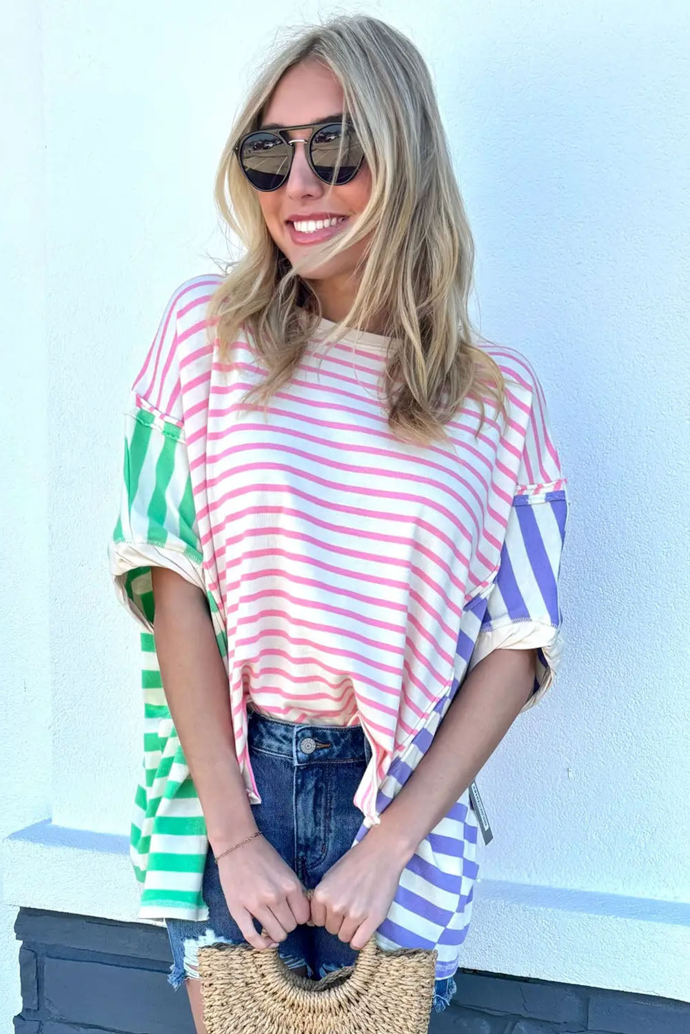 Multicolour Colorblock Stripe Patchwork Baggy T Shirt Tops & Tees JT's Designer Fashion