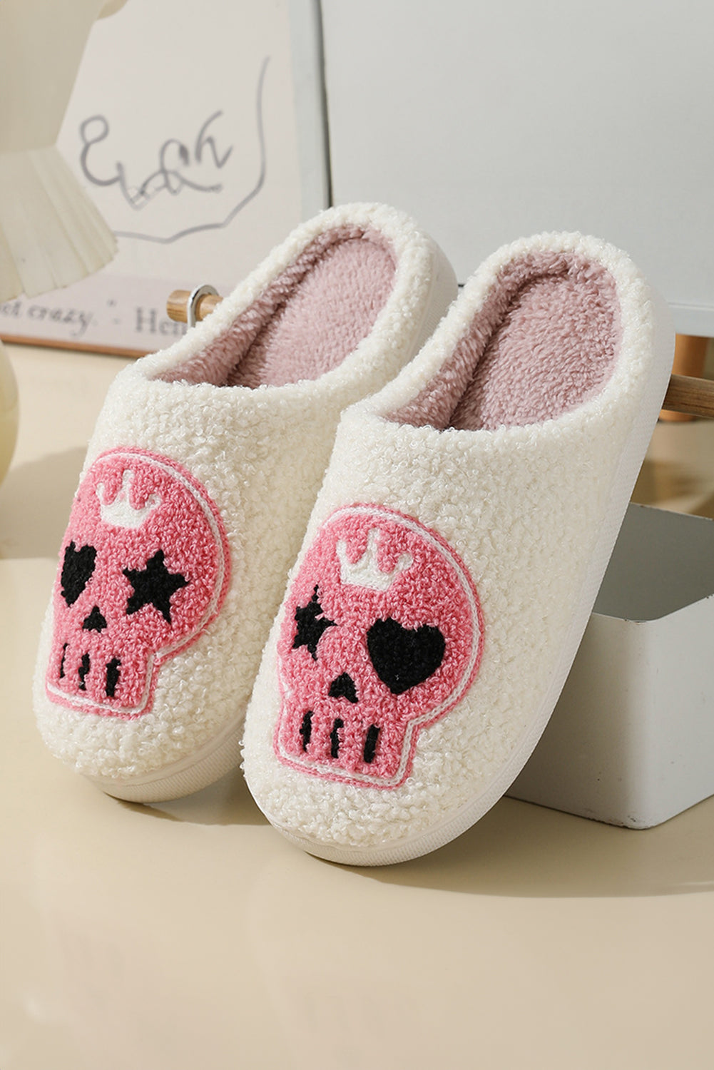 White Halloween Skull Printed Plush Winter Home Slippers Slippers JT's Designer Fashion