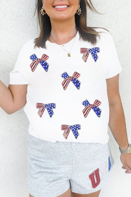 White Sequin Flag Bow Pattern Crew Neck Patriotic Tee Graphic Tees JT's Designer Fashion