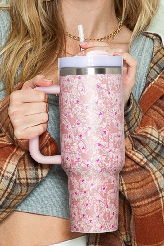 Apricot Pink Valentine Heart Shaped Print Stainless Steel Vacuum Cup Tumblers JT's Designer Fashion