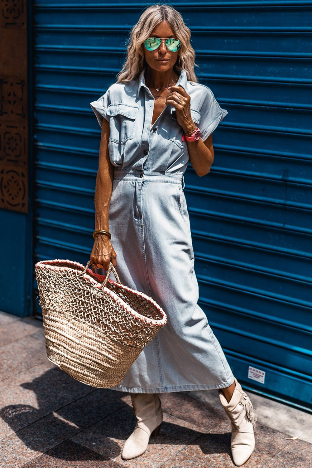 Beau Blue Short Batwing Sleeve Slit Back Denim Dress Maxi Dresses JT's Designer Fashion