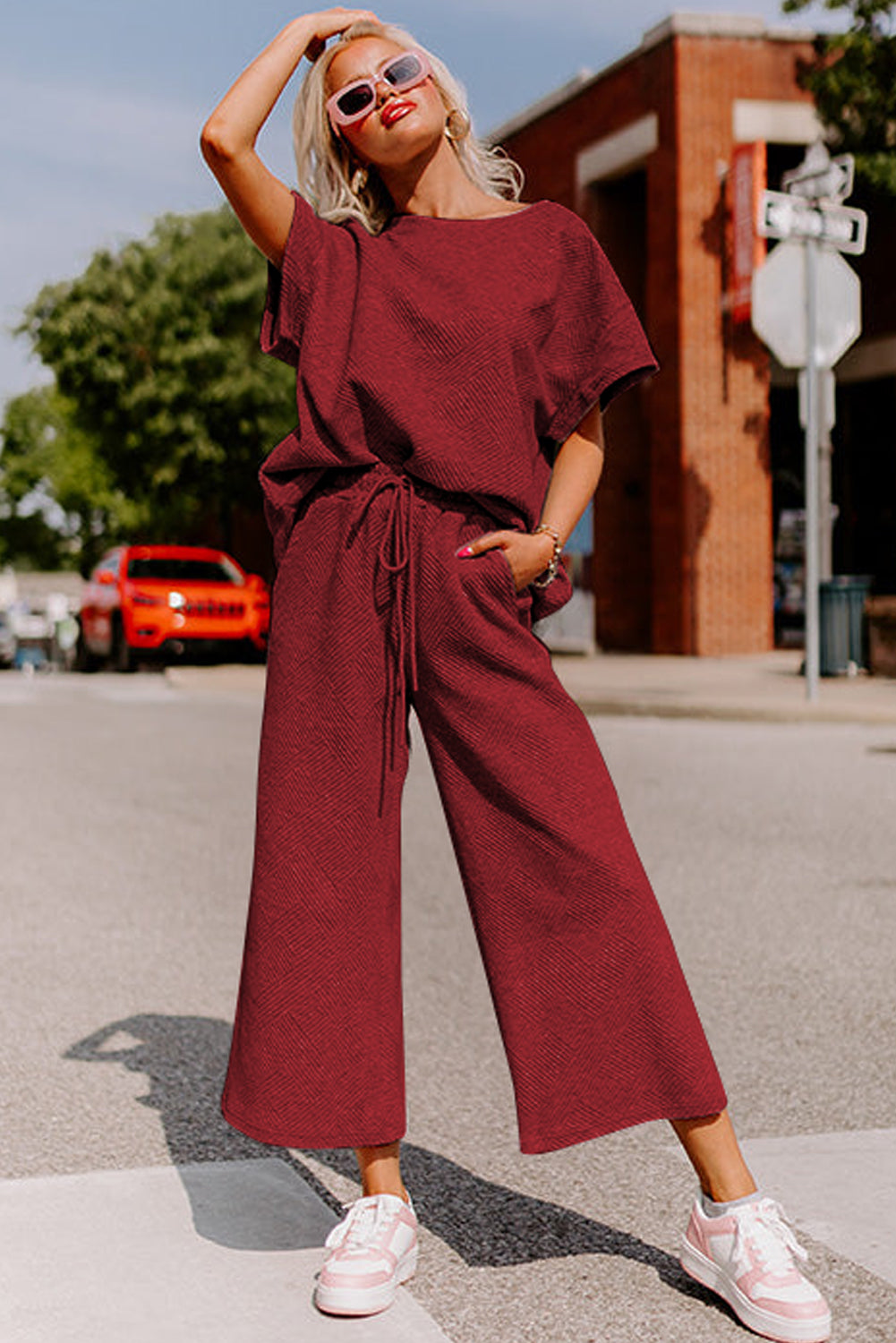 Red Dahlia Textured Loose Fit T Shirt and Drawstring Pants Set Pant Sets JT's Designer Fashion