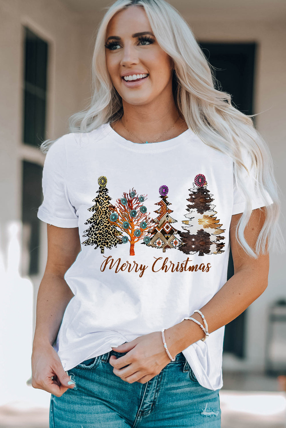 White Merry Christmas Turquoise Tree Graphic Tee Graphic Tees JT's Designer Fashion