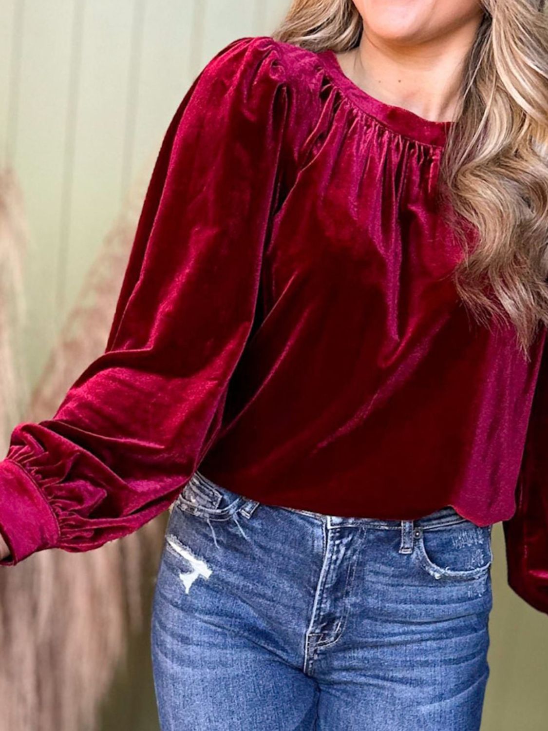 Ruched Round Neck Long Sleeve Blouse Long Sleeve Tops JT's Designer Fashion