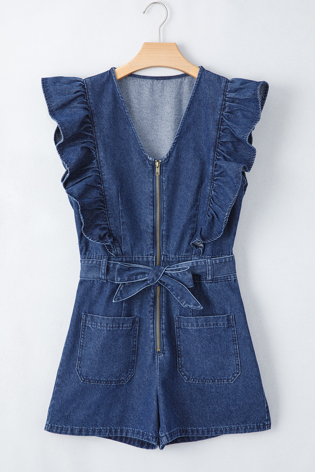 Sail Blue Denim Ruffled Zipped Front Belted Romper Jumpsuits & Rompers JT's Designer Fashion