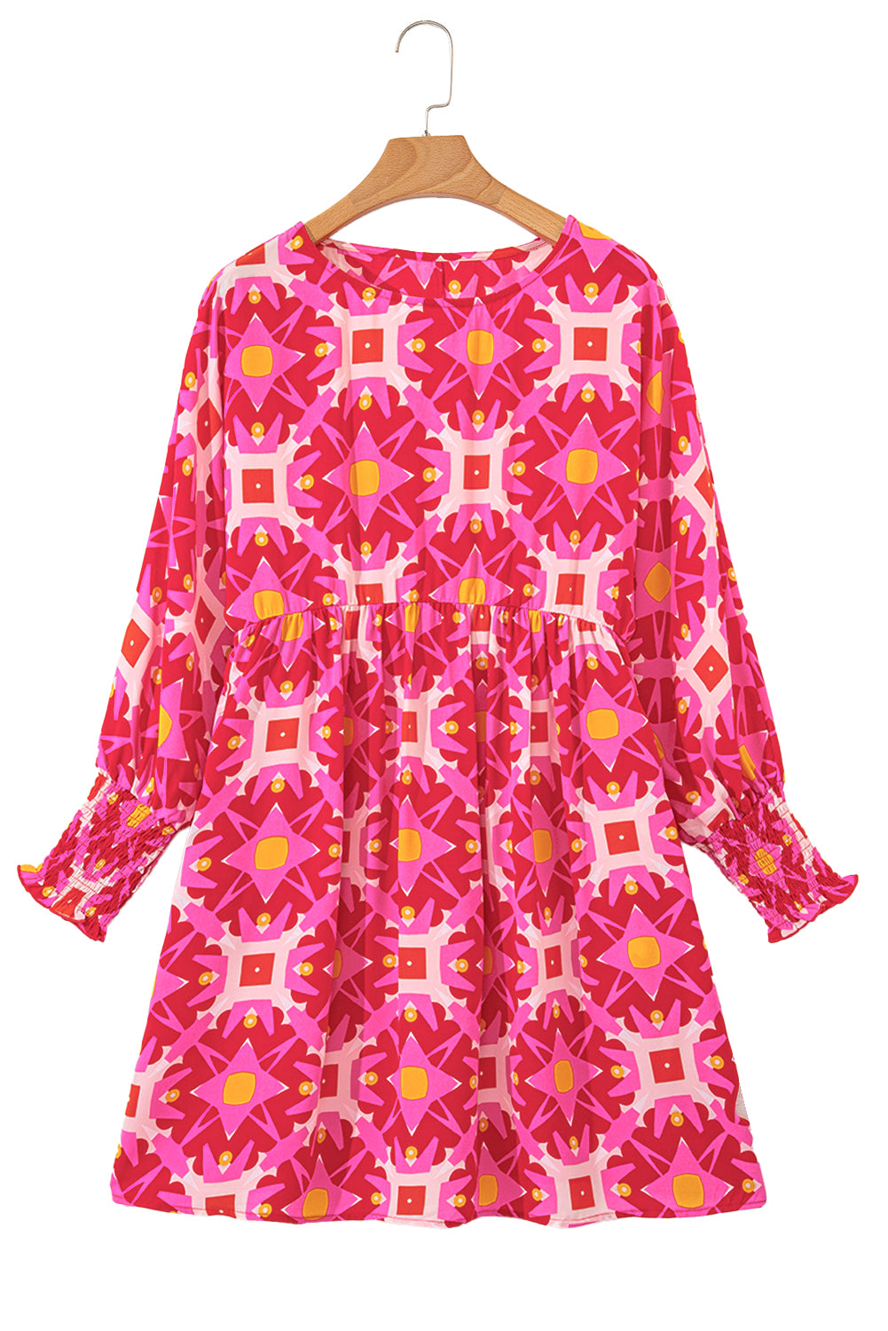 Strawberry Pink Geometric Print Smocked Long Sleeve Mini Dress Mini Dresses JT's Designer Fashion