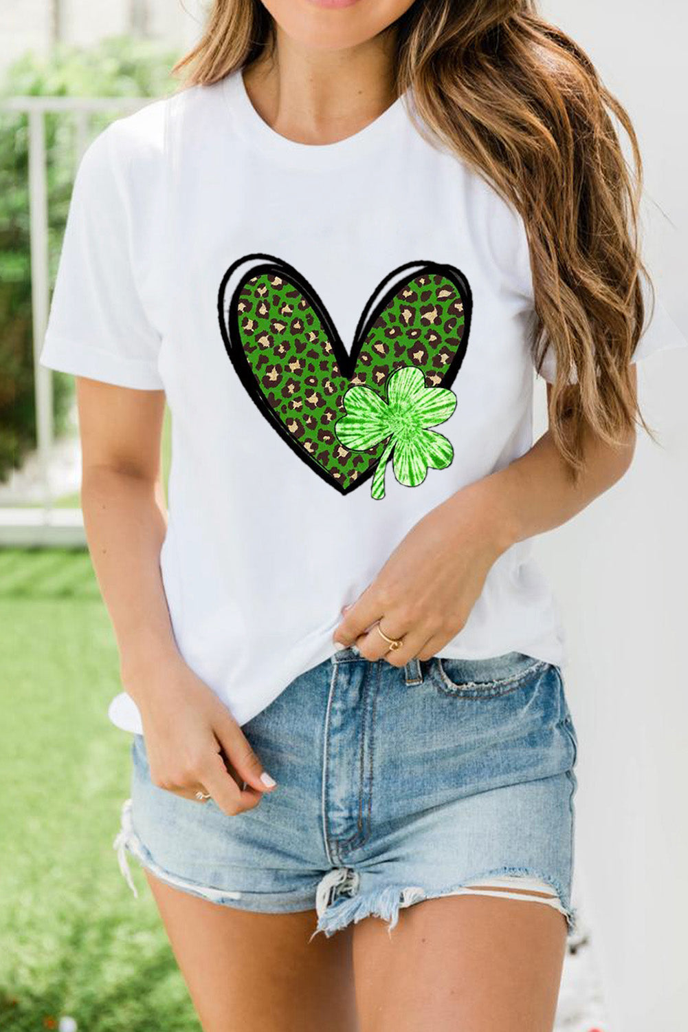 White Clover Leopard Heart Shaped Print Crewneck Graphic Tee Graphic Tees JT's Designer Fashion