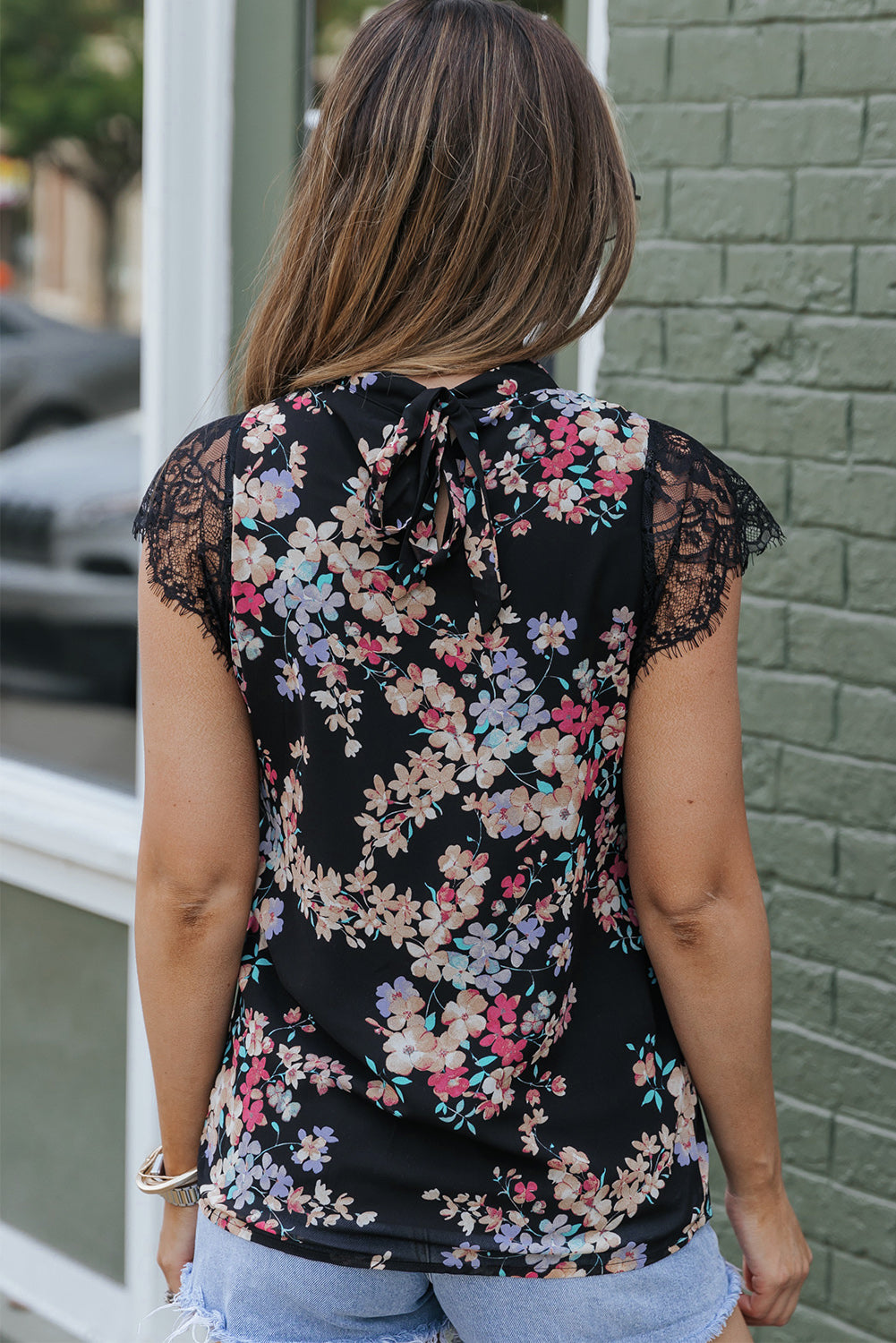 Black Dainty Floral Print Lace Sleeve Blouse Blouses & Shirts JT's Designer Fashion