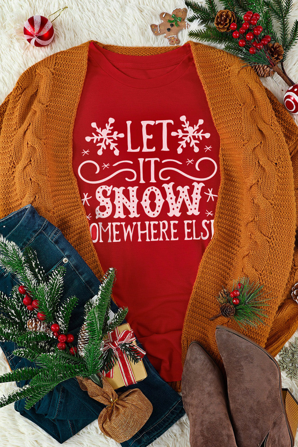 Fiery Red Let It Snow Somewhere Else Snowflake Graphic T Shirt Graphic Tees JT's Designer Fashion