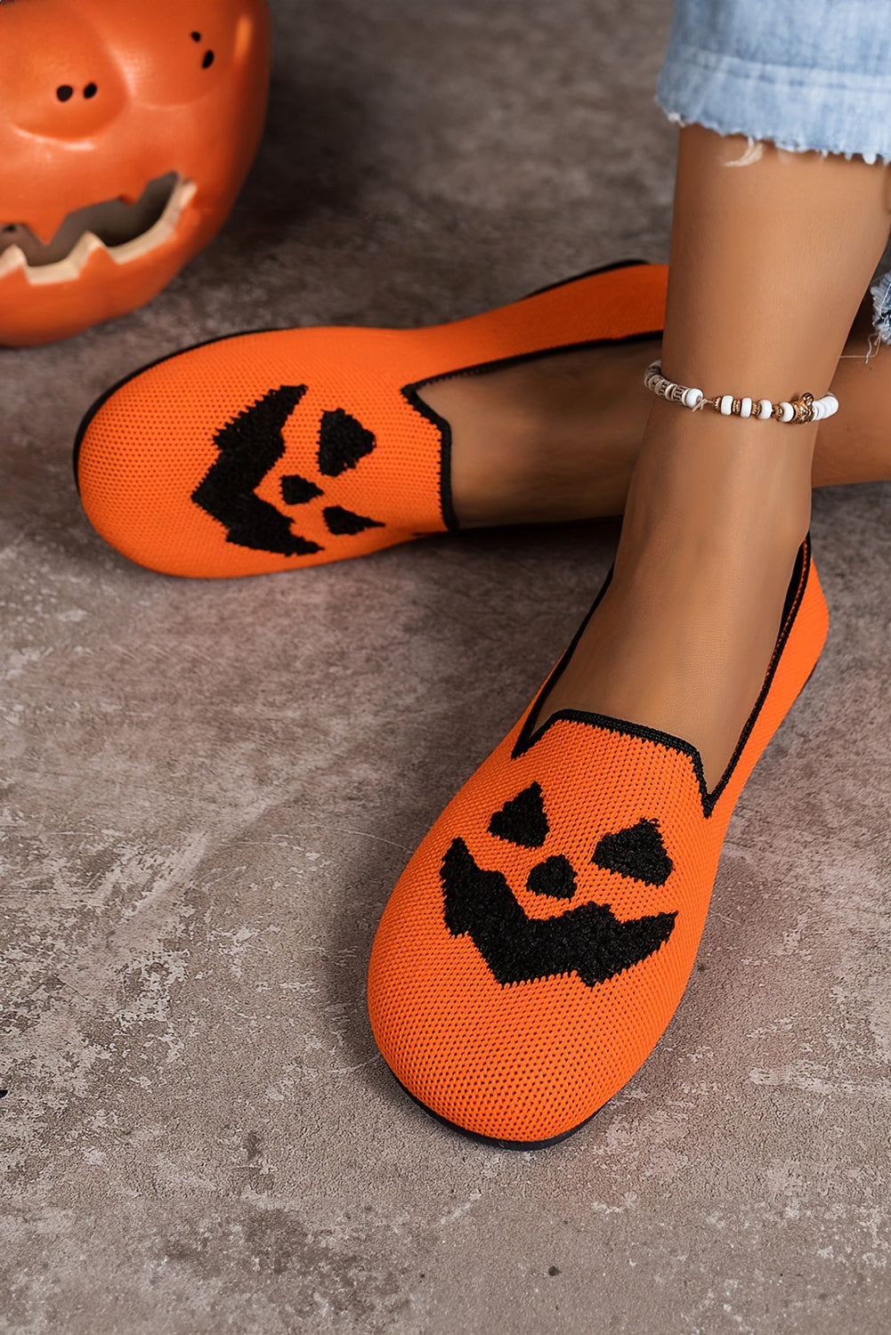 Orange Halloween Pumpkin Face Slip On Flats Women's Shoes JT's Designer Fashion