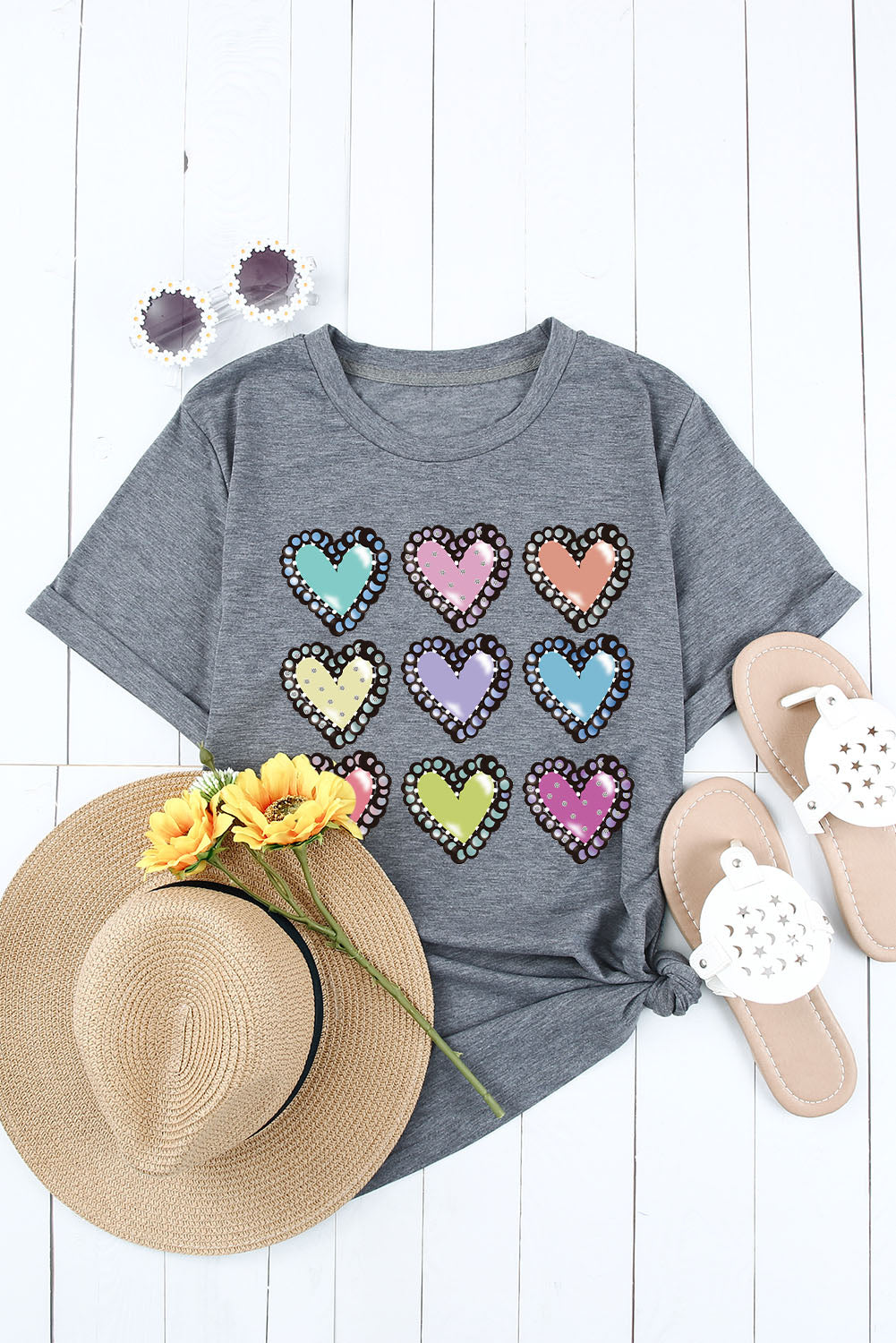 Gray Colorful Heart Shaped Print Crew Neck Casual Tee Graphic Tees JT's Designer Fashion