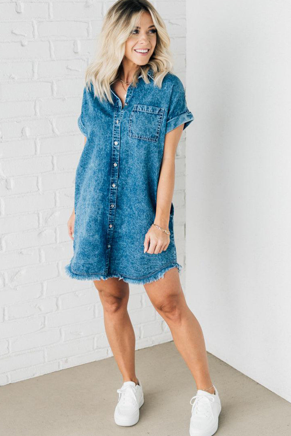 Blue Mineral Wash Cuffed Sleeve Frayed Hem Denim Dress Pre Order Dresses JT's Designer Fashion