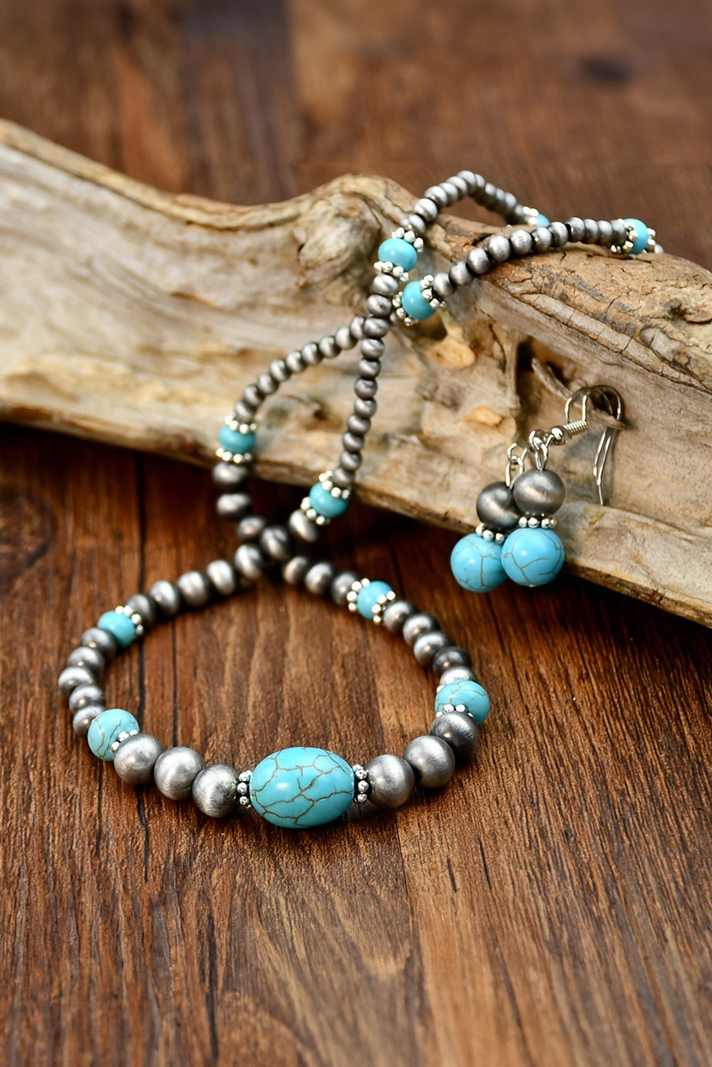 Silvery Western Turquoise Beaded Necklace and Earring Set Jewelry JT's Designer Fashion