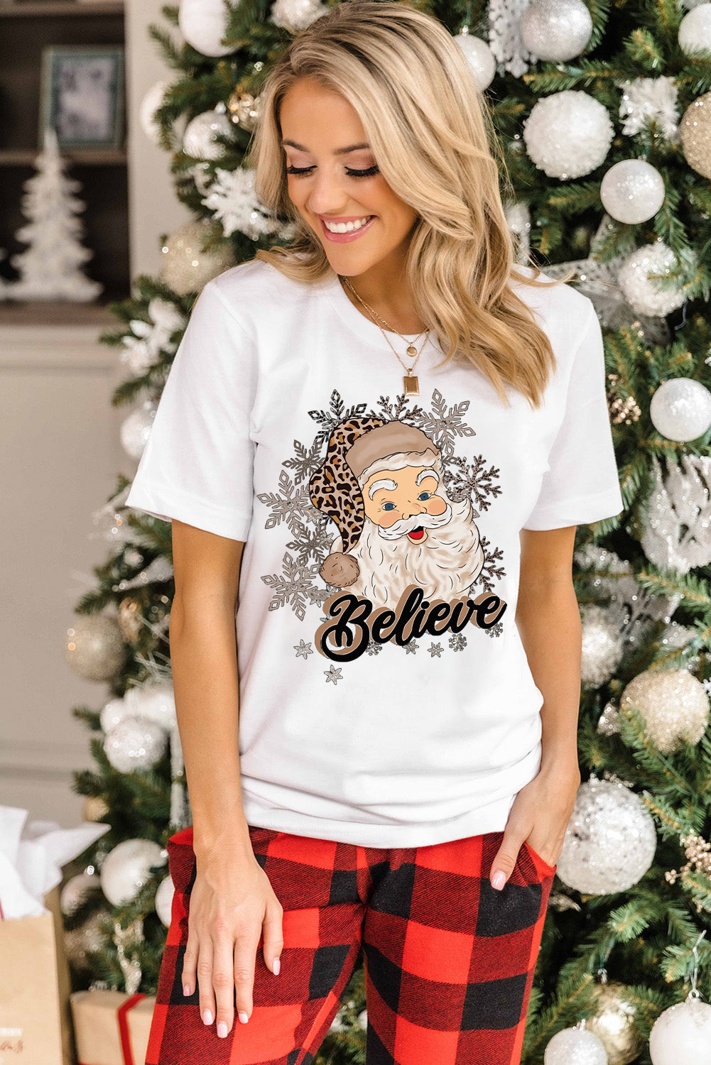 White Believe Santa Claus Snowflake Print Crew Neck T Shirt Graphic Tees JT's Designer Fashion