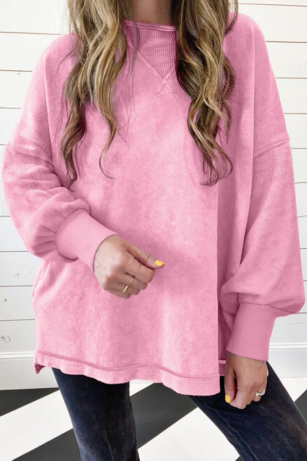 Strawberry Pink Mineral Wash Drop Shoulder Pullover Sweatshirt Sweatshirts & Hoodies JT's Designer Fashion