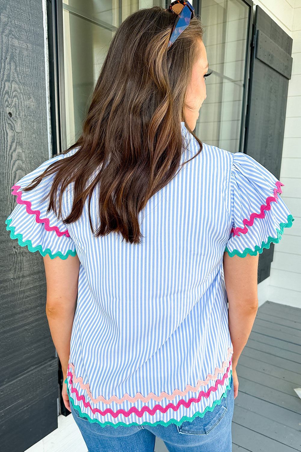 Sky Blue Stripe Ricrac Trim Tiered Sleeve Notch V Neck Top Tops & Tees JT's Designer Fashion