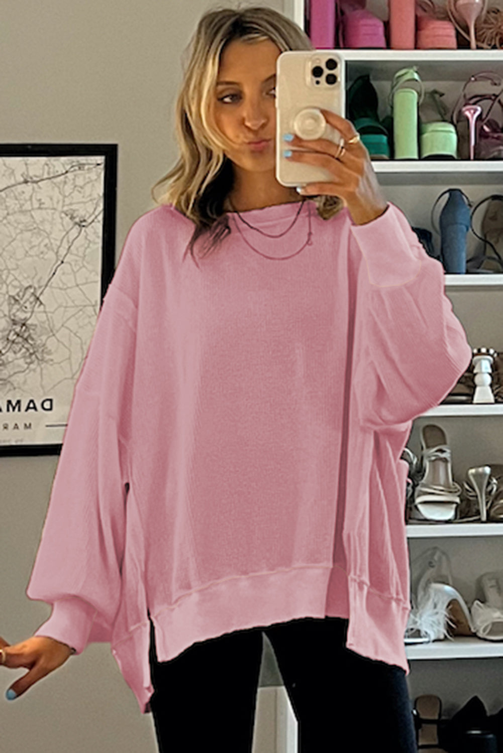 Pink Waffle Knit Bishop Sleeve Split Oversized Sweatshirt Sweatshirts & Hoodies JT's Designer Fashion