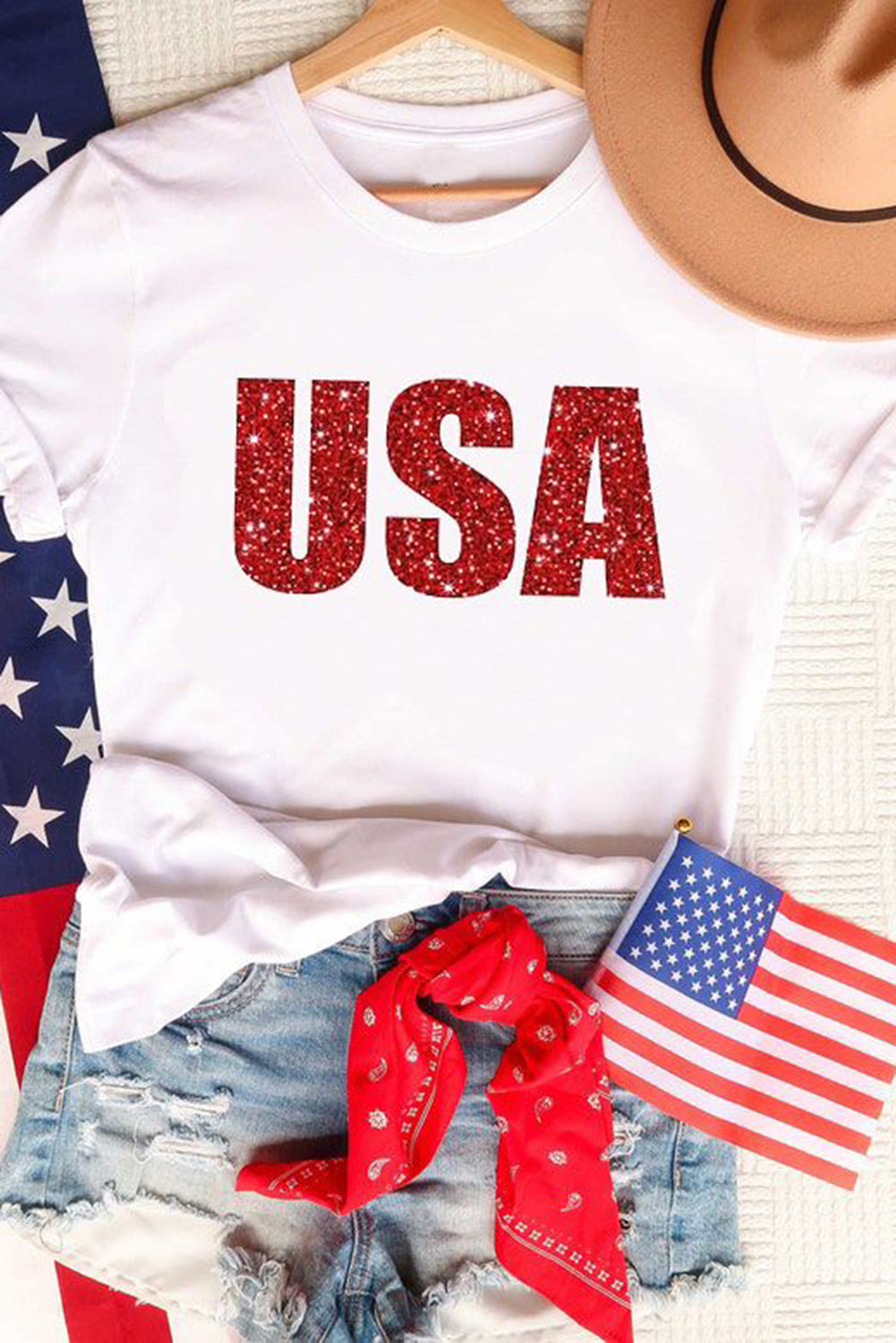 White USA Glitter Pattern Print Short Sleeve T Shirt White 95%Polyester+5%Elastane Graphic Tees JT's Designer Fashion