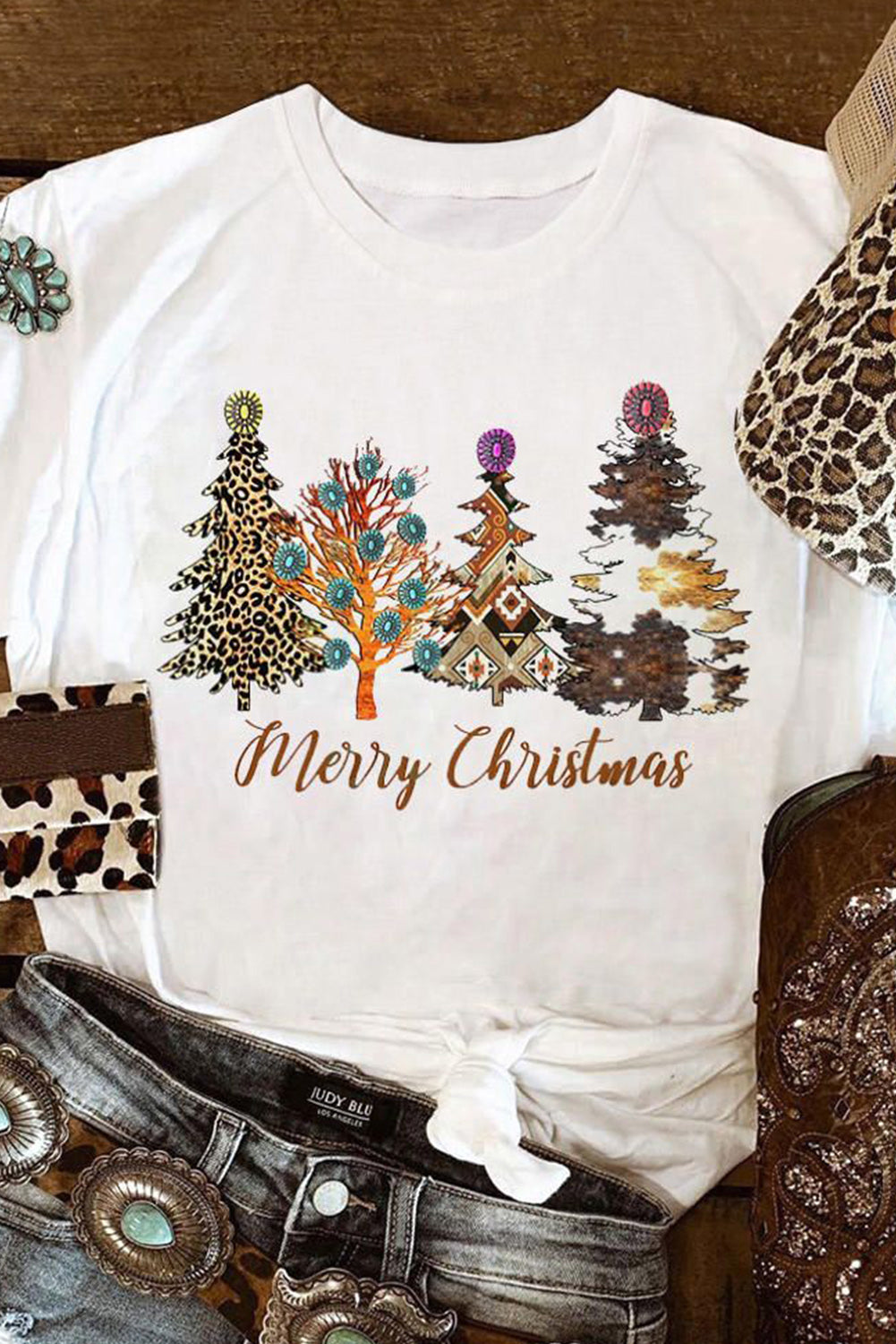 White Merry Christmas Turquoise Tree Graphic Tee Graphic Tees JT's Designer Fashion