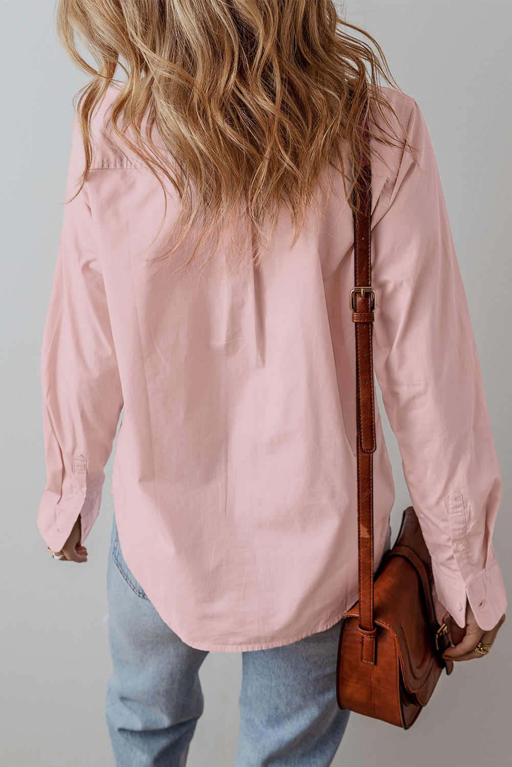 Light Pink Pleated Button-Up Loose Fit Casual Shirt Blouses & Shirts JT's Designer Fashion