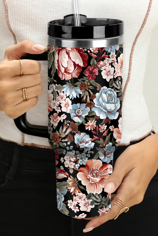 Color black Floral Print Stainless Steel Large Portable Cup 40oz Tumblers JT's Designer Fashion