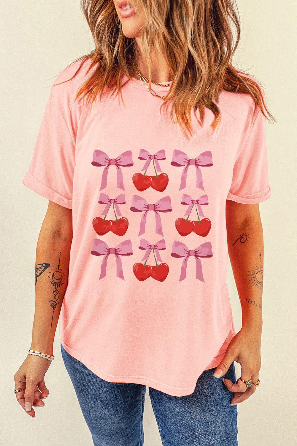 Pink Bow Cherry Print Crew Neck Casual T Shirt Graphic Tees JT's Designer Fashion