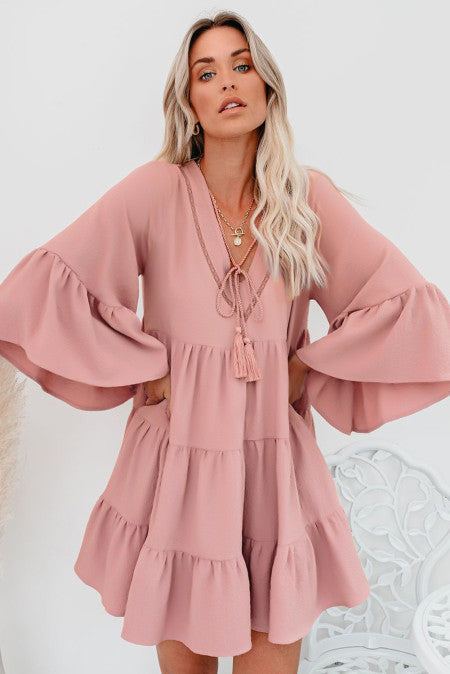 Pink Cotton Tiered Babydoll Tunic Dress Mini Dresses JT's Designer Fashion