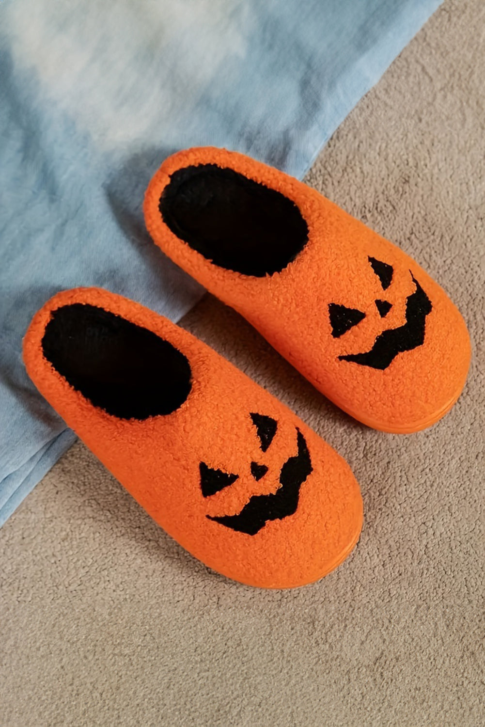 Orange Halloween Pumpkin Face Graphic Plush Slippers Slippers JT's Designer Fashion