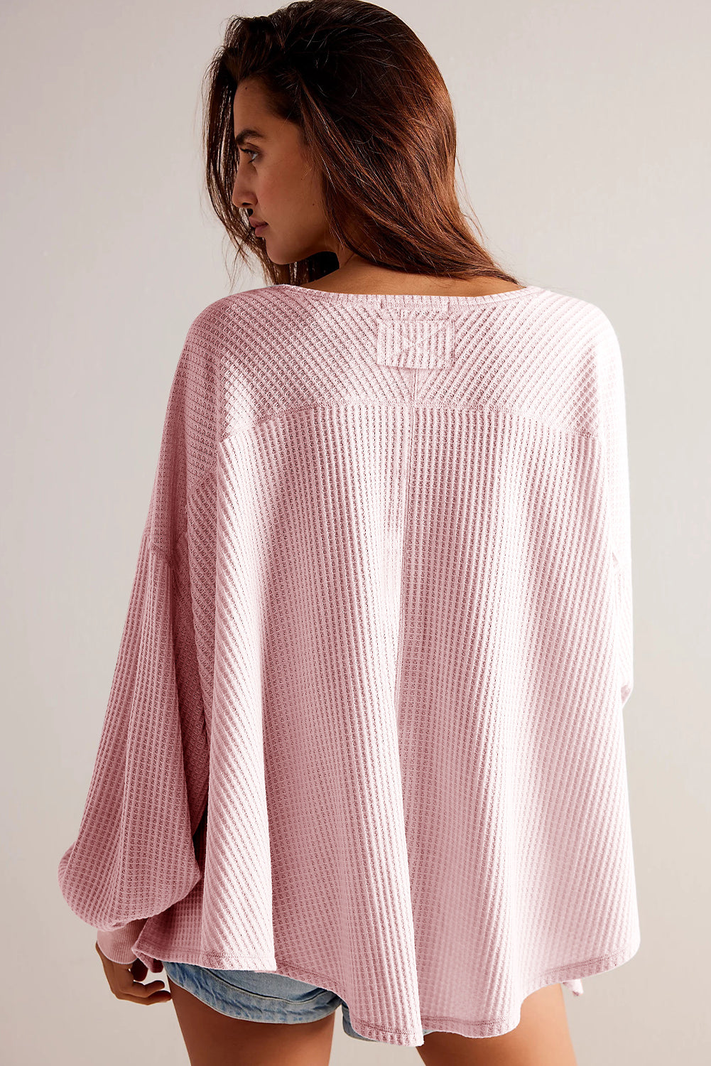 Light Pink Waffle V Neck Long Sleeve Drop Shoulder Loose Blouse Blouses & Shirts JT's Designer Fashion