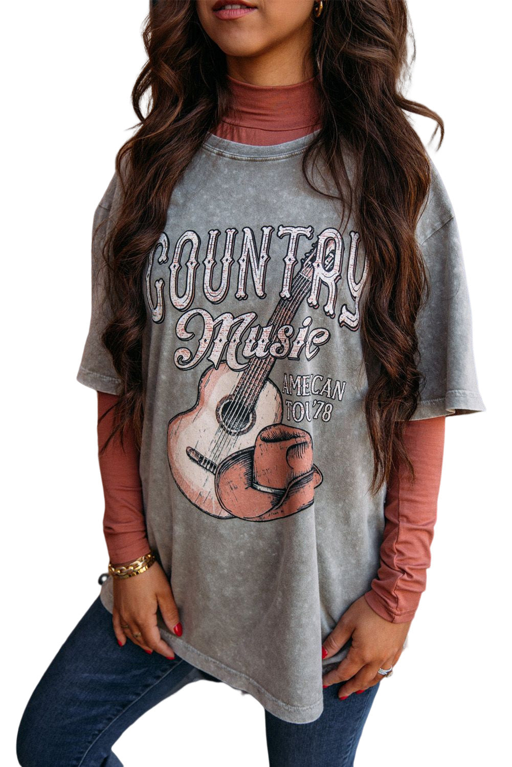 Gray Country Music Vintage Graphic Print Tee Graphic Tees JT's Designer Fashion