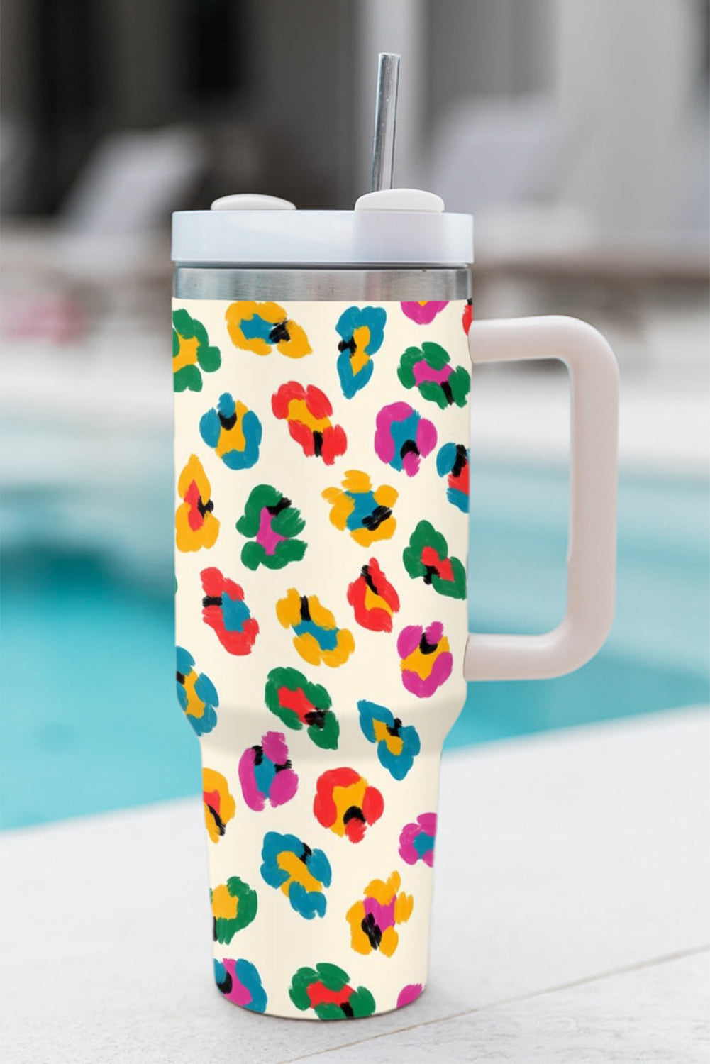 White Multi Color Leopard Print Handle Stainless Tumbler 40oz Tumblers JT's Designer Fashion