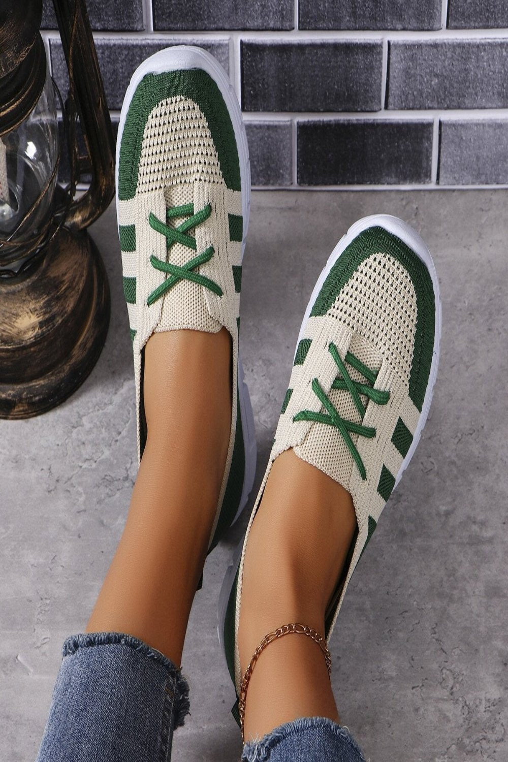 Mesh Contrast Flat Slip-Ons Dark Green Shoes JT's Designer Fashion