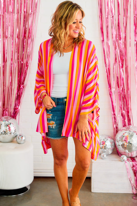 Rose Stripe 3/4 Sleeve Open Front Kimono Outerwear JT's Designer Fashion