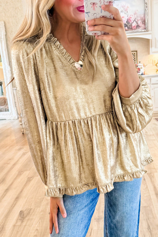 Gold Metallic Frilled V Neck Puff Sleeve Babydoll Blouse Blouses & Shirts JT's Designer Fashion