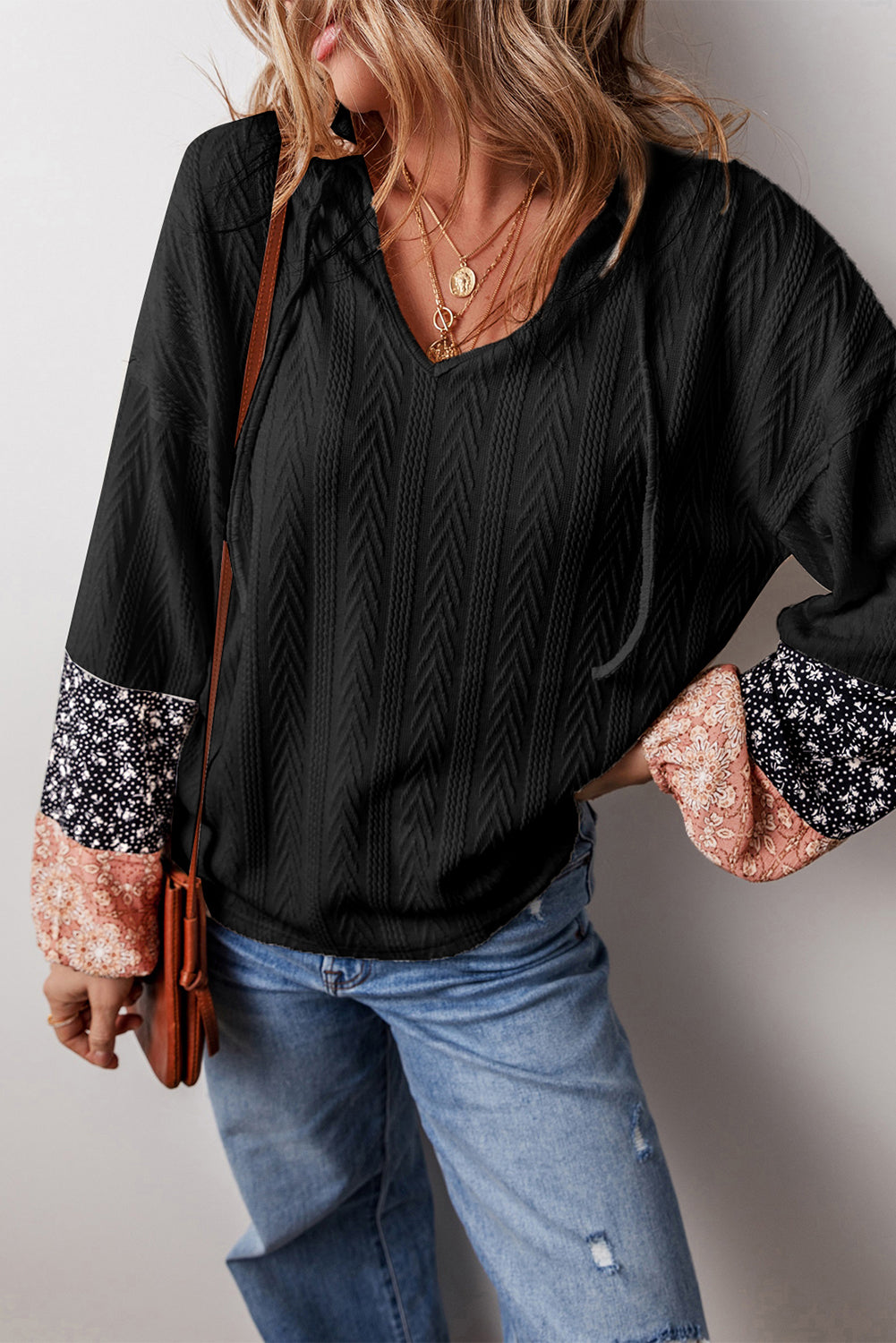 Black Floral Patchwork Textured Knit Drawstring V Neck Blouse Blouses & Shirts JT's Designer Fashion