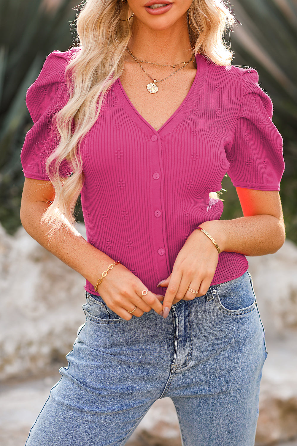 Rose Red Flower Ribbed Texture Button V Neck Bubble Sleeve Top Pre Order Sweaters & Cardigans JT's Designer Fashion