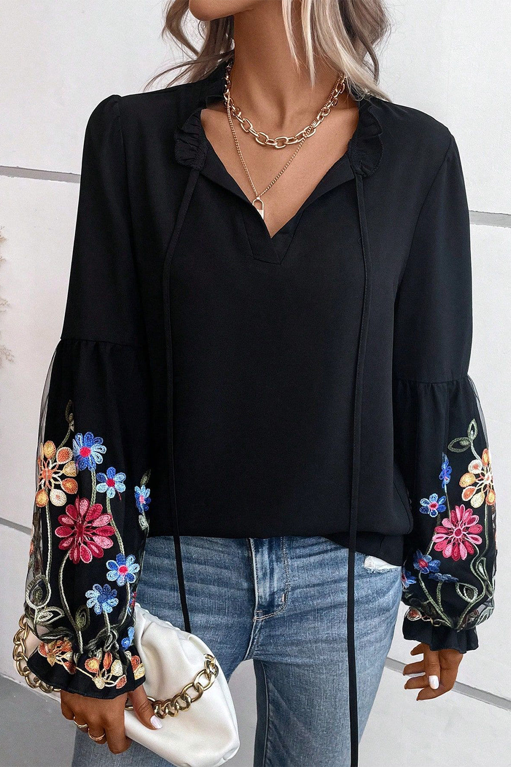 Black Floral Patched Flounce Sleeve Split Neck Blouse Blouses & Shirts JT's Designer Fashion