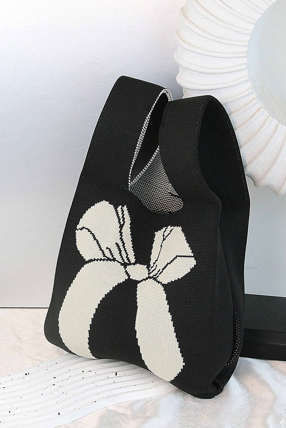 Black Colorblock Bowknot Pattern Knitted Hand Bag Handbags JT's Designer Fashion