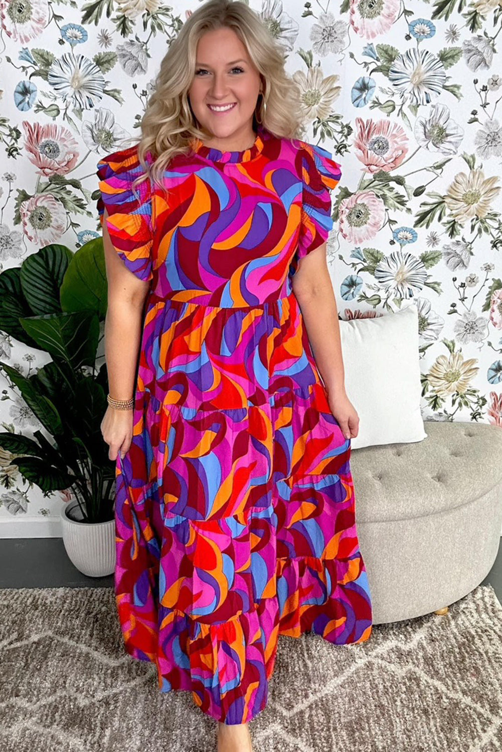 Multicolour Plus Abstract Print Ruffled Mock Neck Tiered Maxi Dress Maxi Dresses JT's Designer Fashion