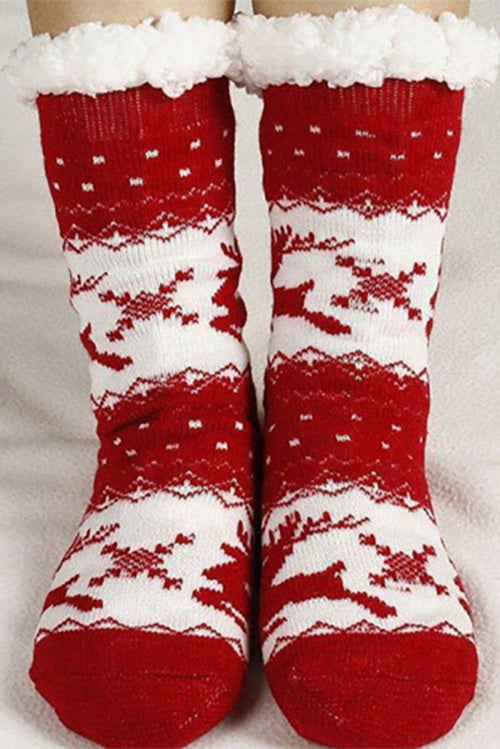 Fiery Red Christmas Elk Knitted Fleece Socks Socks JT's Designer Fashion