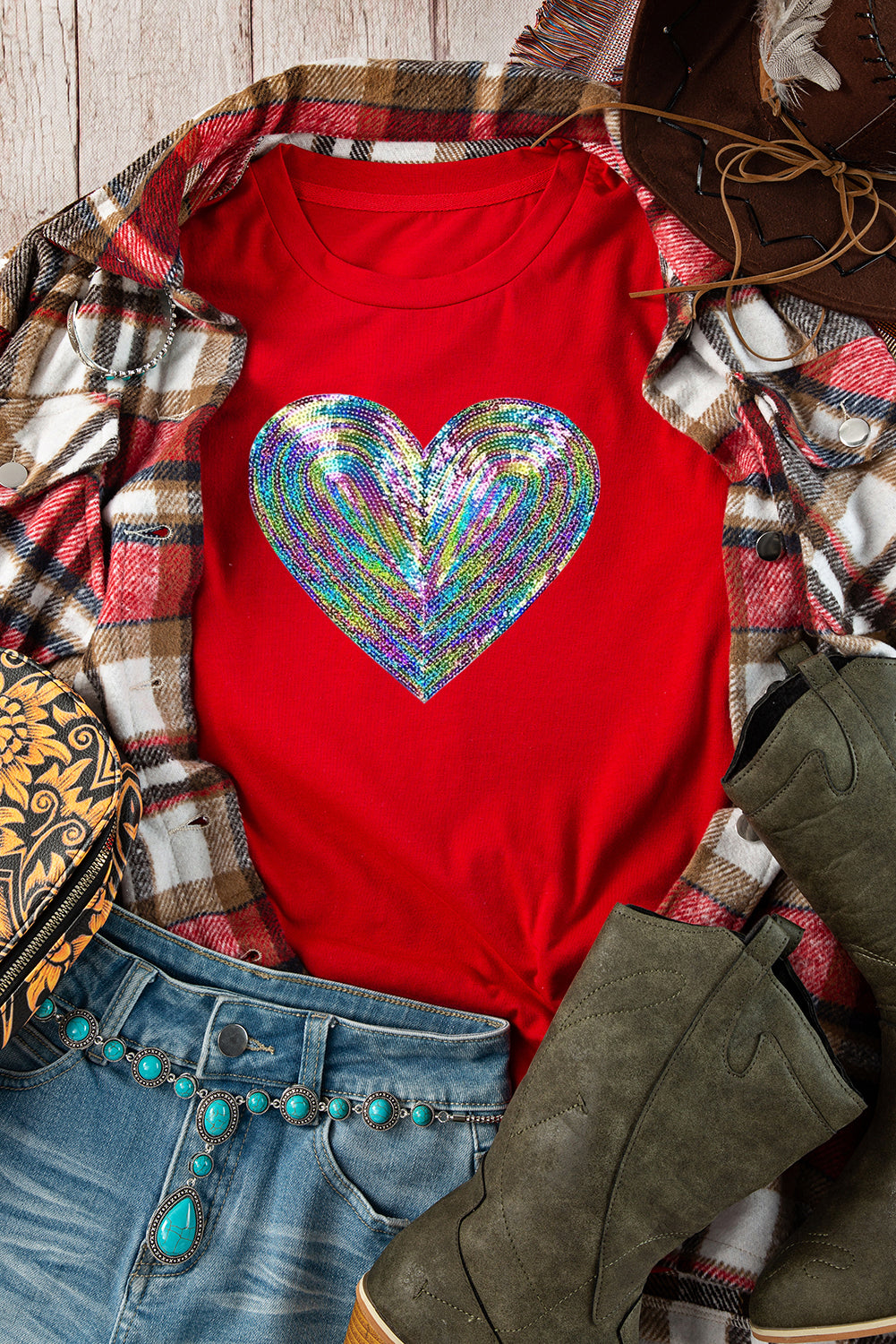 Red Rainbow Sequin Heart Shape Crew Neck T Shirt Graphic Sweatshirts JT's Designer Fashion