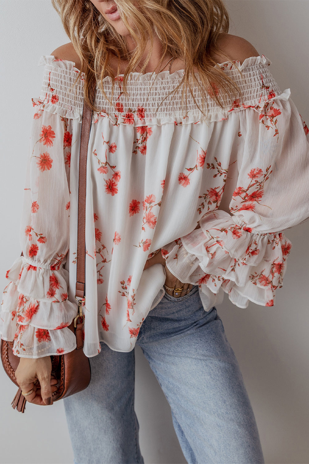 White Floral Print Shirred Off Shoulder Ruffled Sleeve Blouse Blouses & Shirts JT's Designer Fashion